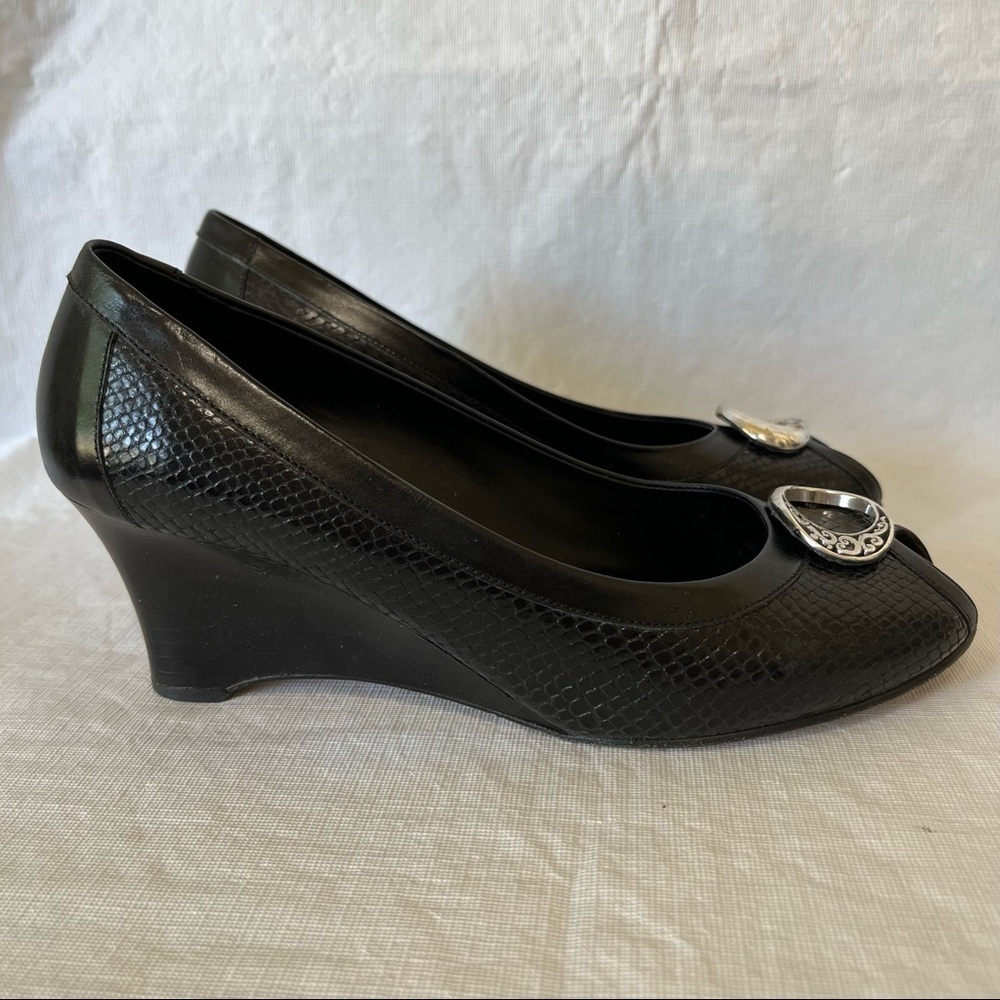 Brighton Nelly Black Leather Peep Toe Wedge Heels
